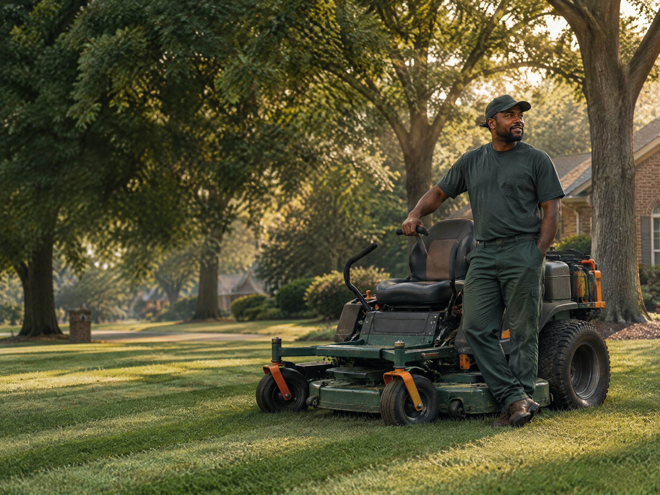 Memphis lawn-care professional standing beside a mower on a residential lawn