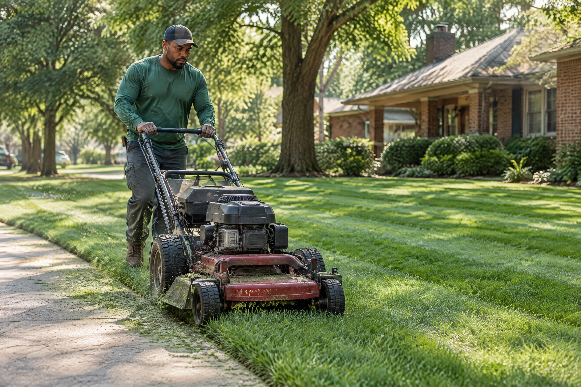 Lawn-care provider mowing a shaded Memphis residential lawn